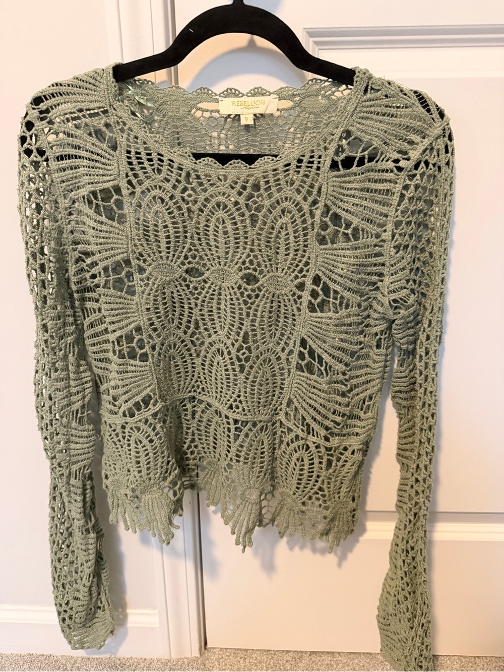 Rebellion Sage Green Crochet Lace Long Sleeve Top S Boho